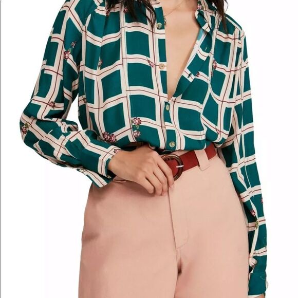 ✨2xHP✨FP Women's Blouse Green Plaid Button Down✨ - Picture 2 of 6